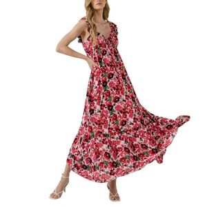 Endless Rose Floral Ruffle Shoulder Sweetheart Neckline Maxi Dress